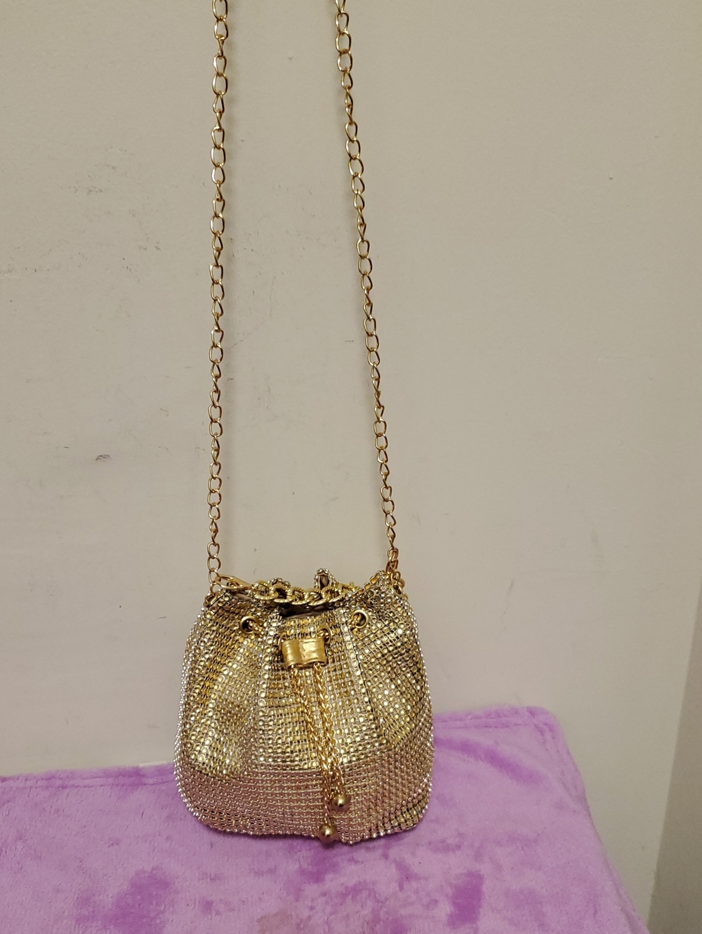 Gold Rhinestone Drawstring Bucket Bag - Women